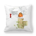Christmas robin bird watercolor illustration on a soft white square pillow case - 18x18 Inch / Robin with Postbox Snow Scene (Style 16)