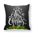 Square black peach skin pillowcase with Merry Christmas text and holly berry design - Black Background Typography Snowman Holly Style (6)