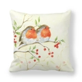 Robin and red berries watercolor print on square peach skin pillowcase for Christmas decor - 18x18 Inch / Two Robins on Berry Branch (Style 17)