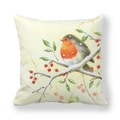 Christmas robin and red berries illustration on square peach skin pillowcase - 18x18 Inch / Robin on Light Yellow Background (Style 18)