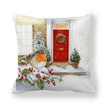 Christmas robin watercolor print throw pillow case in soft peach skin fabric - Robin with Wreath on Red Door (9)