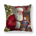 Dettaglio federa in pelle di pesca con stampa artistica del viso di Babbo Natale - Babbo Natale con Scatola Regalo Blu (1)