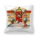 Detailed view of Christmas pillowcase featuring a sweet shop illustration on peach skin fabric - 45x45cm / Sweet Shop Christmas Storefront Style (11)