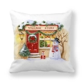 Detail of Christmas peach skin pillowcase showing watercolor village and snowman print - 45x45cm / Village Store Snowman Christmas Style (13)