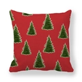 Close-up of peach skin fabric Christmas pillowcase with red base and green tree pattern - 45x45cm / Red Background Hand Drawn Green Tree White Dots Style (5)