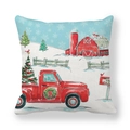 Vintage Christmas red truck and barn illustration on a square peach skin pillowcase - Red Truck Christmas Tree Barn