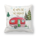 Christmas cushion cover with red camper van and holiday graphics on peach skin fabric - Red & White Camper Christmas Tree