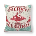 Close-up of peach skin fabric Christmas pillowcase with vintage truck and cabin print - Beige Background Snow Cabin