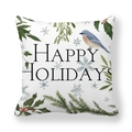 Macro detail of Happy Holidays peach skin cushion cover with bird and pine branch motif - Winter Robin (8)