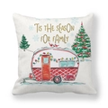 Detail of Christmas pillow cover with vintage camper print and festive 'Tis the season' text - Season For Family Camper