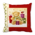 Christmas teddy bear pillow cover with red festive border and gift box design - Teddy Bear and Robin Pattern (34)