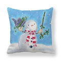 Christmas snowman cushion cover with red striped scarf on blue peach skin fabric - 45x45cm / Snowman Holding Tree Branch (16)