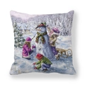 Peach skin pillowcase featuring a colorful winter snow scene with kids and a snowman - Children Decorating Snowman Style (5)
