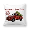 Detail of Christmas tree farm print on white peach skin pillowcase with red vintage truck - 18x18 Inch / Golden Retriever and Truck (7)