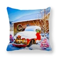 Christmas peach skin pillowcase featuring a vintage red truck and snowy barn scene - Barn Red Truck with Pink Xmas Tree (15) / 45x45cm