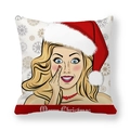 Federa natalizia stile pop art con donna e fiocchi di neve su tessuto pelle di pesca - 45x45cm / Donna Fumetto Pop Art Cappello di Babbo Natale(12)