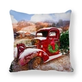 Christmas cushion cover featuring a red vintage truck and snow scene on peach skin fabric - Red Truck Loaded with Xmas Trees (17) / 45x45cm
