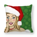 Fodera per cuscino natalizio pop art con donna in cappello di Babbo Natale e fiocchi - 45x45cm / Donna Pop Sfondo Verde Fiocchi di Neve(13)