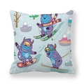 Winter peach skin pillowcase with cute cartoon monsters skiing on light blue fabric - Purple Blue Skiing Monsters