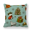Detail of Christmas peach skin cushion cover with vintage tree and skate illustrations - Teal Hand-drawn Festival Icons