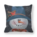 Deep grey Christmas pillow cover featuring a hand-painted snowman with a red bird illustration - Blue High Hat Snowman (9)