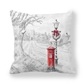 White Christmas pillow case with red post box and snowy winter village sketch - Winter Country Snow Sketch Style (9)