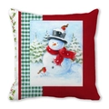 Red Christmas wreath pillow cover featuring cartoon snowman on peach skin fabric - Snowman and Robin Color Block Pattern (18)