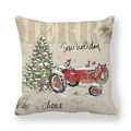 Christmas cushion cover featuring a red vintage tractor and snowy tree pattern - Red Tractor Snow Christmas Tree