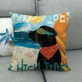 Detailed texture of linen pillowcase featuring a Christmas dog on a tropical surfboard - Black Dog with Green Sunglasses Starfish (11) / 18x18 Inch