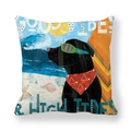 Detail of soft peach skin cushion cover featuring a dog on a sunny beach background - Summer Waves Sunglasses Labrador (11)