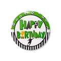Fußball-Themen-Abzeichen aus Weißblech mit Happy Birthday Text und Trophäen-Silhouette - Schwarz-Weiß Rand Pokal Spieler (zq001)