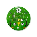 Green soccer themed happy birthday tinplate badge with football and trophy icons - 58mm / Soccer Badge Style 5
