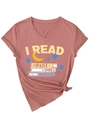 Detail of V-neck t-shirt in dusty rose with I Read Past My Bedtime print and side knot - S / Rose Gold (Pattern)