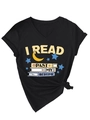Detail of V-neck T-shirt showing I Read Past My Bedtime print with books and moon graphic - S / Black (Pattern)