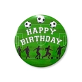 Green soccer themed Happy Birthday tinplate badge with football player silhouettes - 58mm / Soccer Badge Style 6