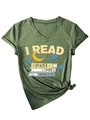 Detail of V-neck t-shirt in dark green with I Read Past My Bedtime slogan and book print - S / Olive Green (Pattern)