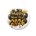 Round black and gold Happy New Year 2026 tinplate badge with festive balloon design - Black Gold New Year Style 3