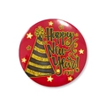 Red and gold Happy New Year tinplate badge with festive party hat and stars - Red Black Gold New Year Style 6