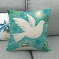 Linen Christmas pillow cover with white peace dove and snowy church scene on grey sofa - White Peace Dove Pattern (2) / 45x45cm