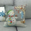 Detail of Christmas snowman linen pillowcase featuring Santa Stop Here wooden sign print - Snowman and Sign Pattern (4) / 45x45cm
