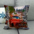 Federa natalizia in lino con camion rosso vintage in una foresta di pini innevata - 45x45cm / Camion Rosso Scena di Neve Foresta di Abeti (2)
