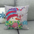 Linen Christmas pillow cover featuring a cute snowman with a bird on a grey sofa - Snowman with Bird Light Purple Background Style (5)