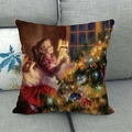 Linnen kerstkussensloop met olieverfschilderij van de Kerstman en een meisje - 45cmx45cm / Kerstman versiert boom motief