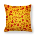 Close-up of yellow peach skin pillowcase featuring red Christmas and New Year prints - 18x18 Inch / Bright Yellow Red (Style 6)