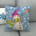 Linen Christmas pillowcase featuring a snowman playing a trumpet on a blue background - Trumpet Playing Snowman Art Illustration Style (6)