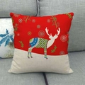Detailed view of linen Christmas deer cushion cover with patchwork reindeer design - Colorful Splicing Deer with Green Branches(7)