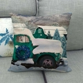 Fodera per cuscino in lino con camion di Natale verde vintage e paesaggio innevato - 45x45cm / Motivo Camion Verde Ghirlanda Blu (4)