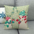 Christmas snowman pattern linen pillow cover with festive scarves on a gray sofa - Snowman with Gifts Light Green Background Style (8)