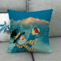 Detailed view of linen snowman pillowcase featuring a red cardinal bird on a sofa - Snowman with Hat and Robin