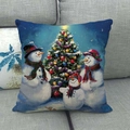 Linen Christmas pillowcase featuring three snowmen and festive tree on dark blue fabric - Blue Snowman Christmas Tree
